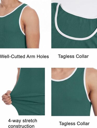 Men's Ribbed Racerback Tank Top Stretchy Color Block Trim Slim Fit Sleeveless Shirt Workout in Kuwait