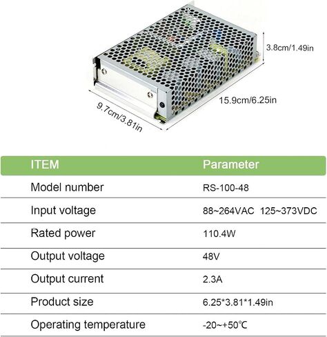 RS-100-48 48V 2.3A 110.4W Switching Power Supply, Withstands 300VAC Surge 5 Sec, 105°C Capacitor, Adjustable DC Output for CCTV Cameras, LED Strip Lights， 3D Printers in Kuwait