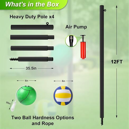 Tetherball Set, 12 FT Adjustable Pole with 2 Rubber Tetherball Balls, Heavy Duty Complete Game Kit with Rope & Air Pump, Ideal for Outdoor Backyard Lawn for Family in Kuwait