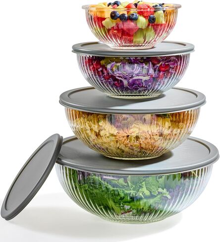 أوعية خلط زجاجية مضلعة 8 قطع مع أغطية محكمة الغلق مانعة للتسرب - خالية من مادة BPA، وقابلة للتكديس لتوفير المساحة، وحاويات تخزين الطعام وتقديم الطعام في المطبخ - في الميكروويف والفريزر، وآمنة للاستخدام في غسالة الأطباق. in Kuwait