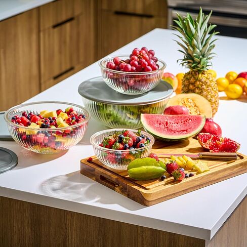 أوعية خلط زجاجية مضلعة 8 قطع مع أغطية محكمة الغلق مانعة للتسرب - خالية من مادة BPA، وقابلة للتكديس لتوفير المساحة، وحاويات تخزين الطعام وتقديم الطعام في المطبخ - في الميكروويف والفريزر، وآمنة للاستخدام في غسالة الأطباق. in Kuwait