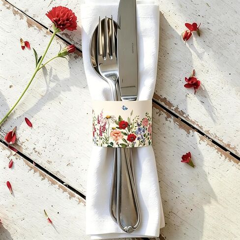 FYSUIMU 200 Pcs Spring Wildflower Paper Napkin Rings Retro Floral Disposable Napkin Bands Vintage Flower Self Adhesive Silverware Wrap Band for Summer Holiday Dinner Party Table Settings Decor in Kuwait