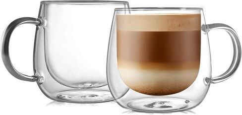 CNGLASS 16oz Double Walled Glass Coffee Mugs(4-pack),Large Clear Coffee Cups with Handle,Glass Espresso Mugs for Latte,Cappuccino,Tea in Kuwait