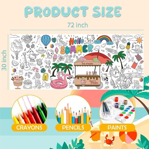 Summer Giant Coloring Poster/Tablecloth - Summer Toys - 30 x 72 Inches Jumbo Paper Coloring Banner - Kids Crafts Activities Gifts Games Ice Cream Party Favors Birthday Decorations - Travel Essential in Kuwait
