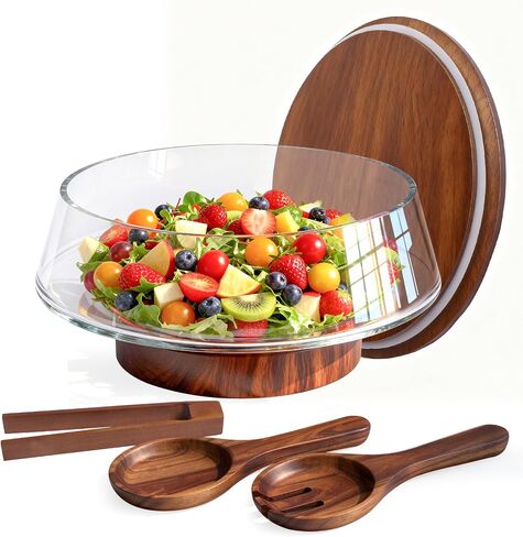 Extra Large Glass Salad Bowl with Lid Set, 5-Qt (160 fl oz) Mixing/Serving Bowl with Wood Base & Salad Servers, Trifle Bowl for Kitchen, Parties & Christmas in Kuwait