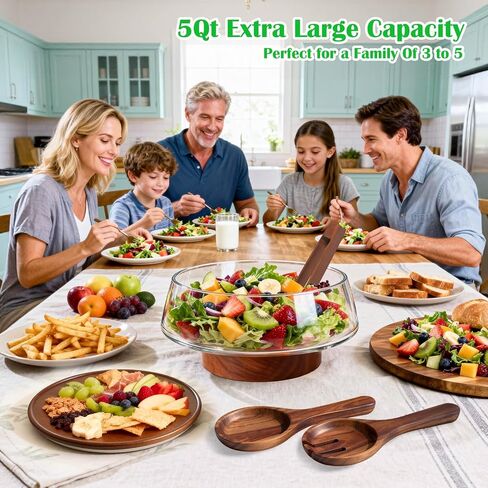 Extra Large Glass Salad Bowl with Lid Set, 5-Qt (160 fl oz) Mixing/Serving Bowl with Wood Base & Salad Servers, Trifle Bowl for Kitchen, Parties & Christmas in Kuwait