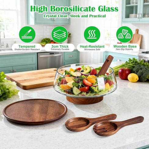 Extra Large Glass Salad Bowl with Lid Set, 5-Qt (160 fl oz) Mixing/Serving Bowl with Wood Base & Salad Servers, Trifle Bowl for Kitchen, Parties & Christmas in Kuwait