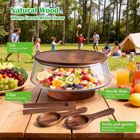 Extra Large Glass Salad Bowl with Lid Set, 5-Qt (160 fl oz) Mixing/Serving Bowl with Wood Base & Salad Servers, Trifle Bowl for Kitchen, Parties & Christmas in Kuwait