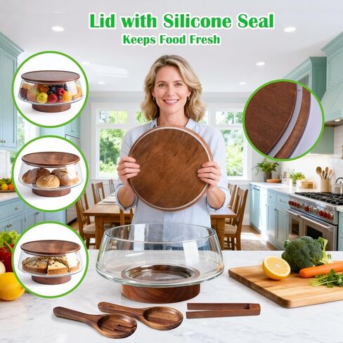 Extra Large Glass Salad Bowl with Lid Set, 5-Qt (160 fl oz) Mixing/Serving Bowl with Wood Base & Salad Servers, Trifle Bowl for Kitchen, Parties & Christmas in Kuwait
