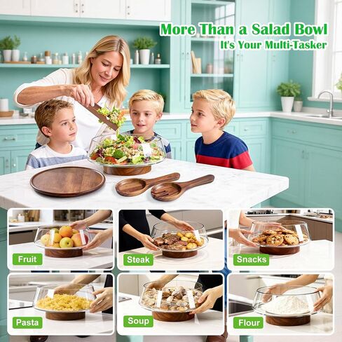Extra Large Glass Salad Bowl with Lid Set, 5-Qt (160 fl oz) Mixing/Serving Bowl with Wood Base & Salad Servers, Trifle Bowl for Kitchen, Parties & Christmas in Kuwait