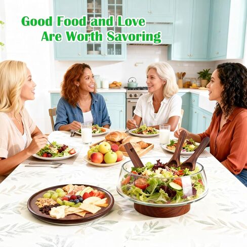 Extra Large Glass Salad Bowl with Lid Set, 5-Qt (160 fl oz) Mixing/Serving Bowl with Wood Base & Salad Servers, Trifle Bowl for Kitchen, Parties & Christmas in Kuwait