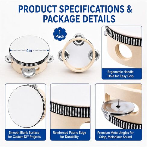 2026 New 4 Inch Wooden Tambourine 1 Pack, Handheld Percussion Instrument with 3 Pairs Metal Jingles, White Blank DIY Drum Head for Church, Music Class, Parties & Events in Kuwait