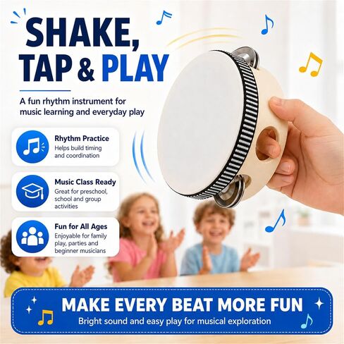 2026 New 4 Inch Wooden Tambourine 1 Pack, Handheld Percussion Instrument with 3 Pairs Metal Jingles, White Blank DIY Drum Head for Church, Music Class, Parties & Events in Kuwait