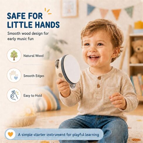 2026 New 4 Inch Wooden Tambourine 1 Pack, Handheld Percussion Instrument with 3 Pairs Metal Jingles, White Blank DIY Drum Head for Church, Music Class, Parties & Events in Kuwait