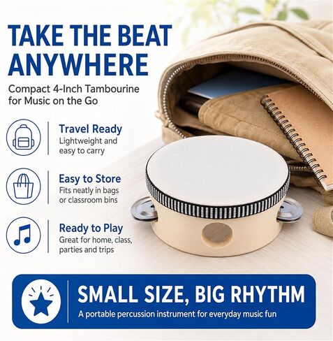 2026 New 4 Inch Wooden Tambourine 1 Pack, Handheld Percussion Instrument with 3 Pairs Metal Jingles, White Blank DIY Drum Head for Church, Music Class, Parties & Events in Kuwait