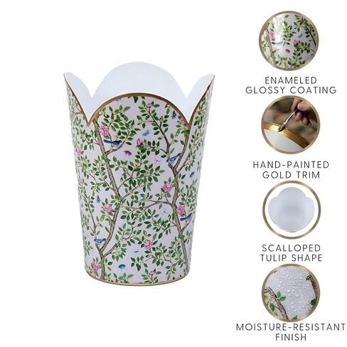 Jaye's Studio Emma Stripe Enamel Tulip Gold Waste Basket for Bathroom Trash Can no Lid, Garbage Can for Office, Trash Bin for Bedroom, Blue & Pink Trash Can Metal, Decorative Wastepaper Basket Tulip in Kuwait