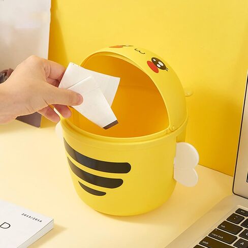 0.7 Gal Mini Desktop Trash Can with Lid, Small Bumble Bee Countertop Garbage Bin, Plastic Tiny Tabletop Wastebasket for Office/Kitchen/Coffee Table Room Decoration - Yellow in Kuwait