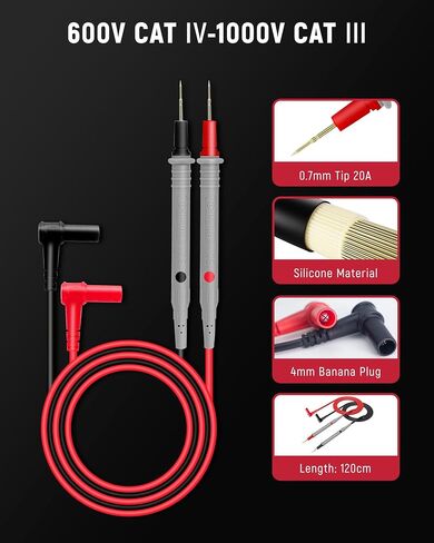 KAIWEETS KC604 مقياس رقمي متعدد مع فك على شكل D وKAIWEETS KET20 سلك اختبار متعدد السيليكون مع مجسات مطلية بالذهب in Kuwait
