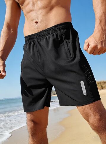 Men's Athletic Running Shorts, Black Quick Dry Sports Shorts for Gym, Basketball, Tennis, Fishing in Kuwait