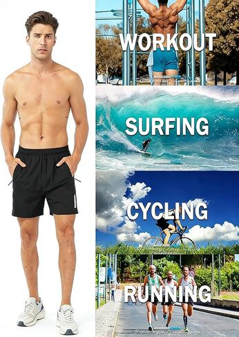 Men's Athletic Running Shorts, Black Quick Dry Sports Shorts for Gym, Basketball, Tennis, Fishing in Kuwait