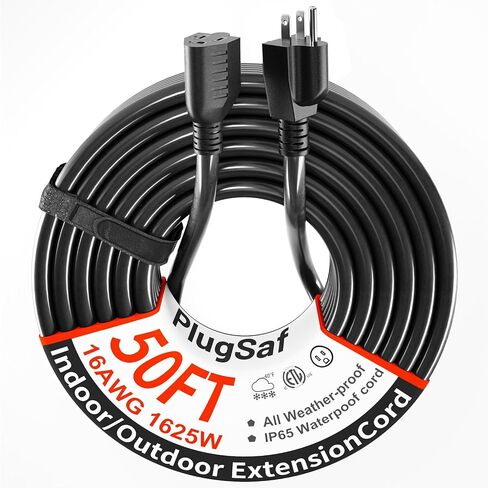 PlugSaf Black Outdoor Extension Cord 50 ft 16/3 Gauge Waterproof, Cold Weatherproof -58°F, Flame Retardant, Flexible 3 Prong Electric Cord for Lawn Office,13A 1625W 16AWG SJTW, ETL Listed in Kuwait