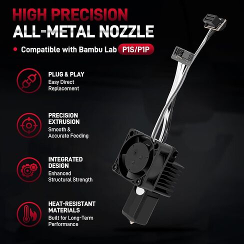 0.4mm Hardened Steel Hotend Kit Compatible with Bambu Lab P1P / P1S 3D Printers, 0.4 mm Nozzle, Complete Assembly with Cooling Fan, Ceramic Heater & Thermistor, Supports Up to 300°C in Kuwait