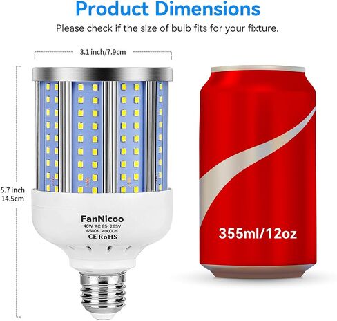 2 حزمة 280W ما يعادل لمبة ضوء الذرة LED، 4000 لومن 6500K ضوء النهار الأبيض البارد 40W LED مصباح الذرة، E26 / E27 قاعدة متوسطة، للمستودع الداخلي في الهواء الطلق، المرآب، الطابق السفلي، الفناء الخلفي، مصنع الحظيرة والعديد من المناطق in Kuwait