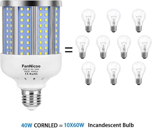 2 حزمة 280W ما يعادل لمبة ضوء الذرة LED، 4000 لومن 6500K ضوء النهار الأبيض البارد 40W LED مصباح الذرة، E26 / E27 قاعدة متوسطة، للمستودع الداخلي في الهواء الطلق، المرآب، الطابق السفلي، الفناء الخلفي، مصنع الحظيرة والعديد من المناطق in Kuwait