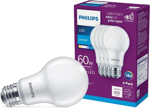 لمبة إضاءة A19 LED غير قابلة للتعتيم من PHILIPS - عبوة من 4 قطع - خالية من وميض EyeComfort - 8.8 واط = 60 واط - 800 لومن - ضوء النهار (5000 كلفن) - قاعدة E26 - داخلي - العنوان 20 in Kuwait