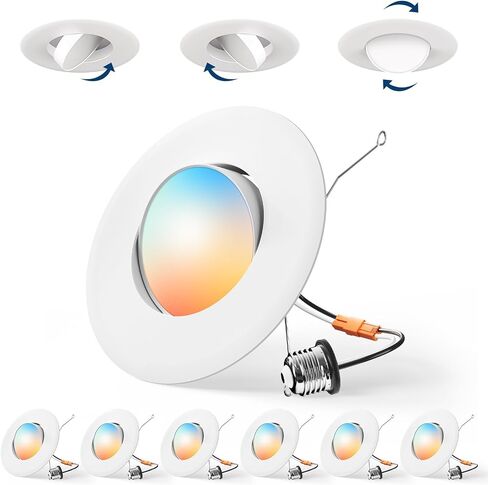 Amico 6 Pack 6 Inch Retrofit Eyeball Gimbal Can Lights, Adjustable Eyeball Directional 5CCT LED Recessed Lights, Dimmable, 2700K/3000K/3500K/4000K/5000K Selectable, 10W 950LM, ETL&FCC in Kuwait