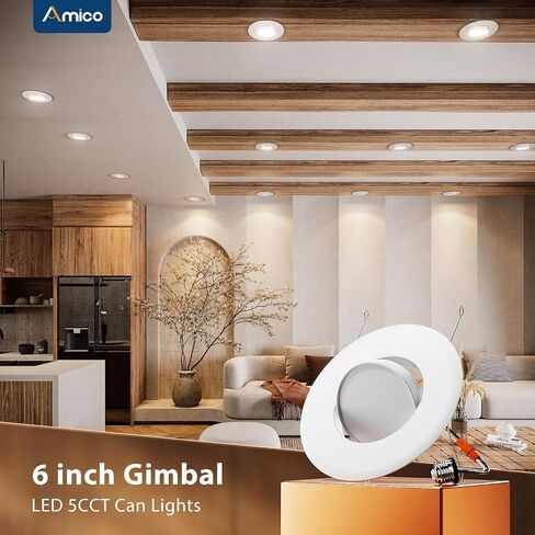 Amico 6 Pack 6 Inch Retrofit Eyeball Gimbal Can Lights, Adjustable Eyeball Directional 5CCT LED Recessed Lights, Dimmable, 2700K/3000K/3500K/4000K/5000K Selectable, 10W 950LM, ETL&FCC in Kuwait