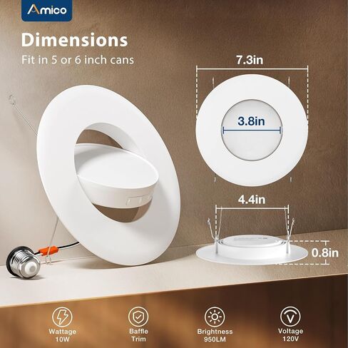 Amico 6 Pack 6 Inch Retrofit Eyeball Gimbal Can Lights, Adjustable Eyeball Directional 5CCT LED Recessed Lights, Dimmable, 2700K/3000K/3500K/4000K/5000K Selectable, 10W 950LM, ETL&FCC in Kuwait