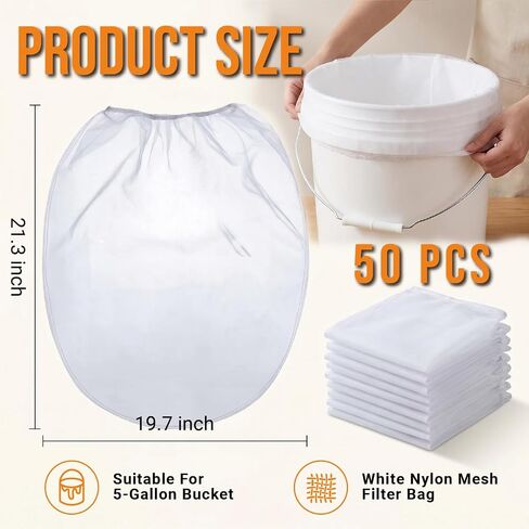 Strainer Bags for 5 Gallon Buckets,50 PCS Filter Bag With Nylon Fine Mesh,Washable & Reusable,Suitable for Paint,Juicing,Tea,Cold Brew Coffee,Honey Filter,Gardening - FURRELOR in Saudi Arabia