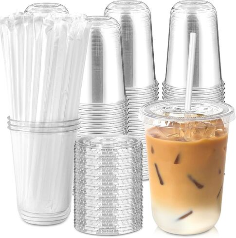 [100 Sets - 16oz Round Bottom Clear Plastic Cups with Lids and Straws, Disposable Iced Coffee Cups with Lids To Go Cold Drink Cups for Smoothies, Juices, Party Catering in Kuwait