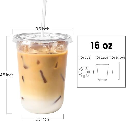 [100 Sets - 16oz Round Bottom Clear Plastic Cups with Lids and Straws, Disposable Iced Coffee Cups with Lids To Go Cold Drink Cups for Smoothies, Juices, Party Catering in Kuwait