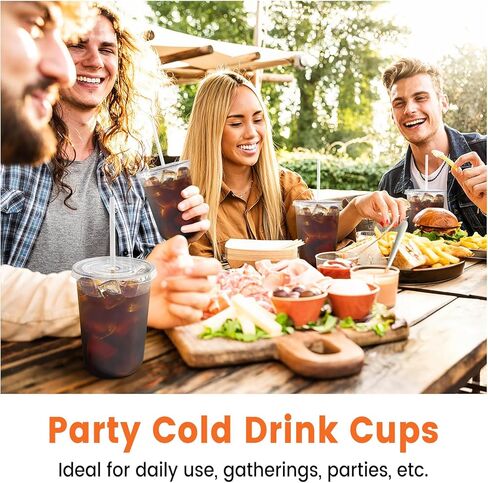 [100 Sets - 16oz Round Bottom Clear Plastic Cups with Lids and Straws, Disposable Iced Coffee Cups with Lids To Go Cold Drink Cups for Smoothies, Juices, Party Catering in Kuwait
