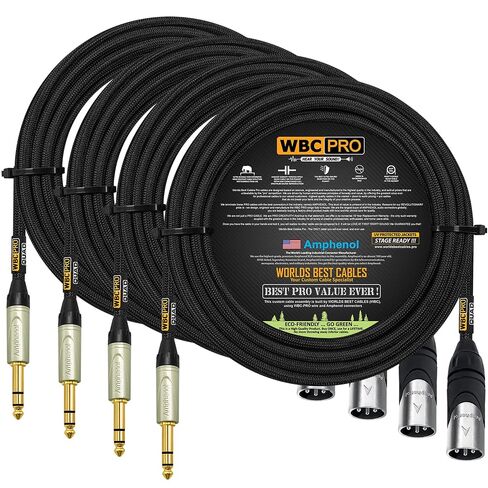 4 Units - 18 Foot - WBC-PRO-Quad Ultra-Silent Ultra-Flexible Balanced Star-Quad XLR to TRS Cable with Amphenol AX3M Male XLR & QS3P-AU Straight TRS Stereo Phone Plugs - Black Tweed Jacket in Kuwait