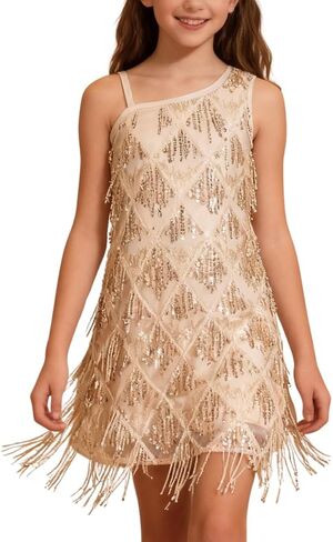 WELAKEN Girls One Shoulder Sequin Fringe Flapper Dress with Side Zipper in Kuwait