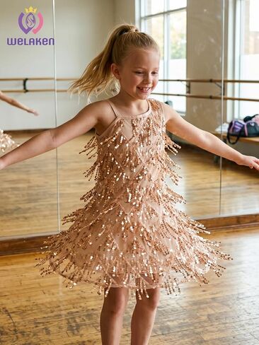 WELAKEN Girls One Shoulder Sequin Fringe Flapper Dress with Side Zipper in Kuwait