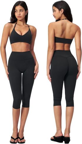Women 2 Piece Workout Set V Neck Halter Tank Top and High Waist Capri Pants Yoga Pilates Outfits in Kuwait