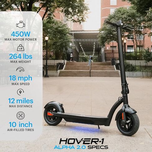 سكوتر كهربائي قابل للطي Hover-1 Alpha 2.0 مع محرك بدون فرش بقدرة 450 وات، وسرعة قصوى تبلغ 18 ميلاً في الساعة، وإطارات مملوءة بالهواء مقاس 10 بوصات ونطاق 12 ميلًا in Kuwait