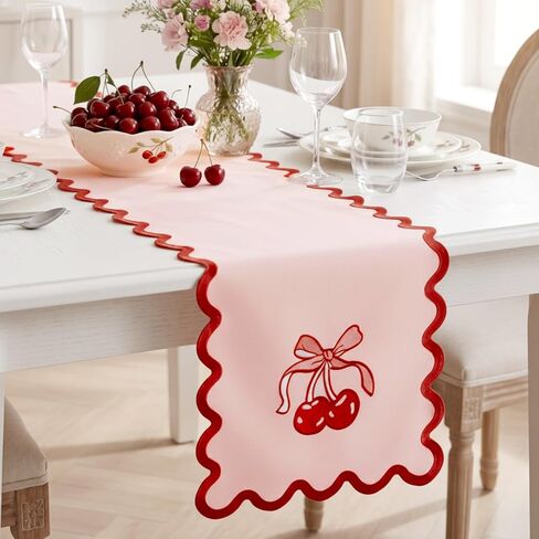 Breling Pink Bow Cherry Table Runner 70 Inches Coquette Scalloped Edge Table Runner Cute Embroidery Preppy Neutral Rustic Dining Decor for Birthday Baby Shower Party Kitchen Deck Decor in Kuwait