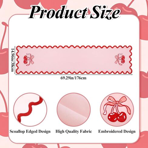 Breling Pink Bow Cherry Table Runner 70 Inches Coquette Scalloped Edge Table Runner Cute Embroidery Preppy Neutral Rustic Dining Decor for Birthday Baby Shower Party Kitchen Deck Decor in Kuwait