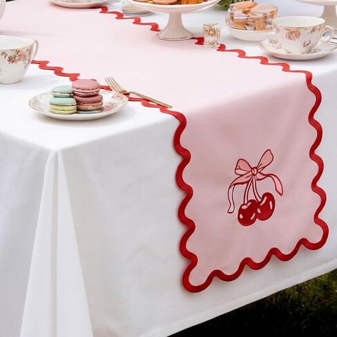 Breling Pink Bow Cherry Table Runner 70 Inches Coquette Scalloped Edge Table Runner Cute Embroidery Preppy Neutral Rustic Dining Decor for Birthday Baby Shower Party Kitchen Deck Decor in Kuwait