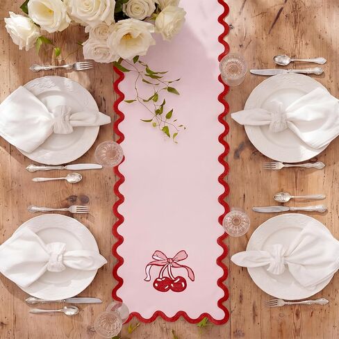 Breling Pink Bow Cherry Table Runner 70 Inches Coquette Scalloped Edge Table Runner Cute Embroidery Preppy Neutral Rustic Dining Decor for Birthday Baby Shower Party Kitchen Deck Decor in Kuwait