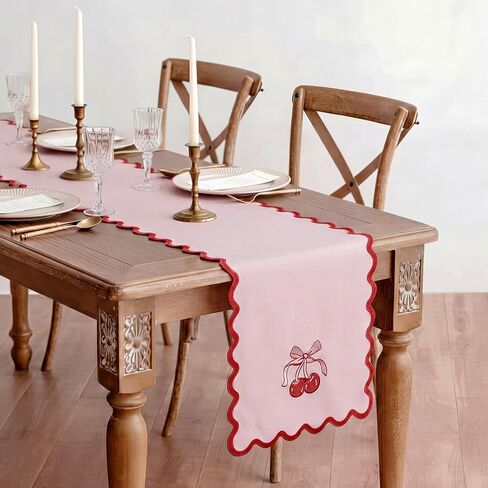 Breling Pink Bow Cherry Table Runner 70 Inches Coquette Scalloped Edge Table Runner Cute Embroidery Preppy Neutral Rustic Dining Decor for Birthday Baby Shower Party Kitchen Deck Decor in Kuwait