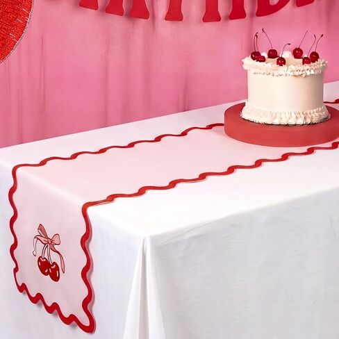 Breling Pink Bow Cherry Table Runner 70 Inches Coquette Scalloped Edge Table Runner Cute Embroidery Preppy Neutral Rustic Dining Decor for Birthday Baby Shower Party Kitchen Deck Decor in Kuwait