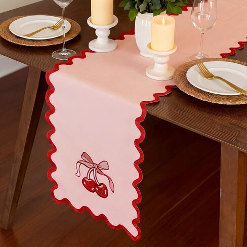 Breling Pink Bow Cherry Table Runner 70 Inches Coquette Scalloped Edge Table Runner Cute Embroidery Preppy Neutral Rustic Dining Decor for Birthday Baby Shower Party Kitchen Deck Decor in Kuwait