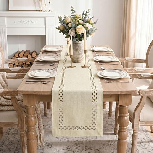 Artoid Mode Beige Rustic Geometric Hollow Table Runner, Seasonal Washable Kitchen Dining Table Decoration for Home Party Decor 13x72 Inch in Kuwait