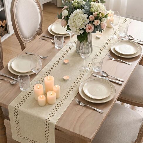Artoid Mode Beige Rustic Geometric Hollow Table Runner, Seasonal Washable Kitchen Dining Table Decoration for Home Party Decor 13x72 Inch in Kuwait